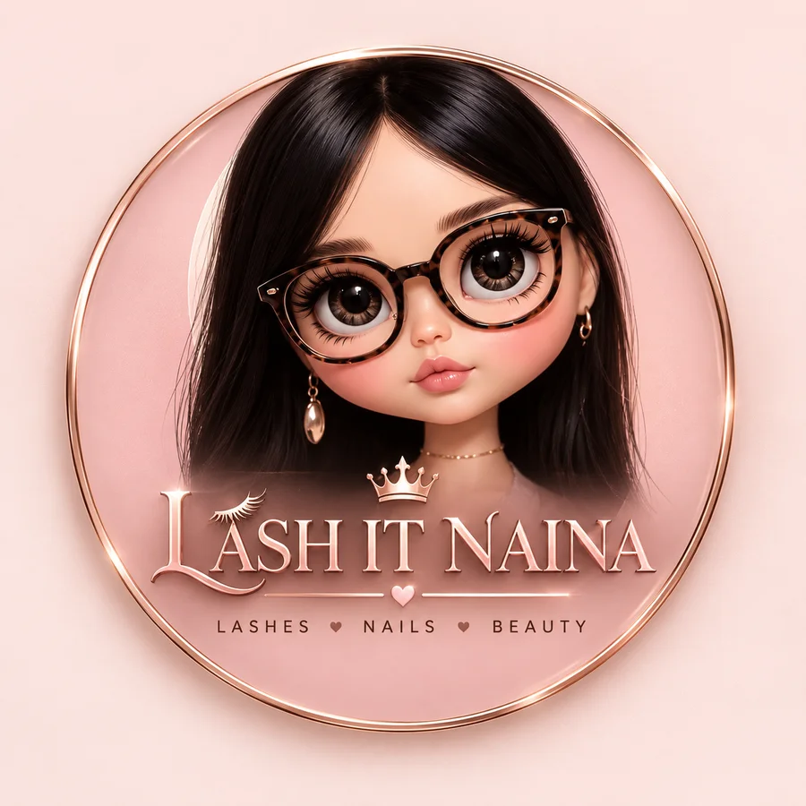 LASH IT NAINA logo — the studio’s doll mascot with black hair and glasses