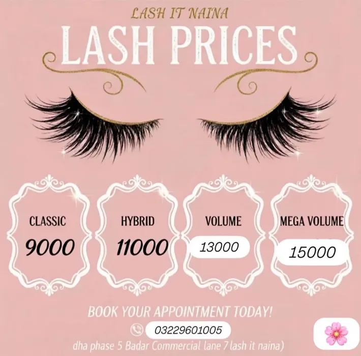 LASH IT NAINA lash price list post: Classic 9000, Hybrid 11000, Volume 13000, Mega Volume 15000