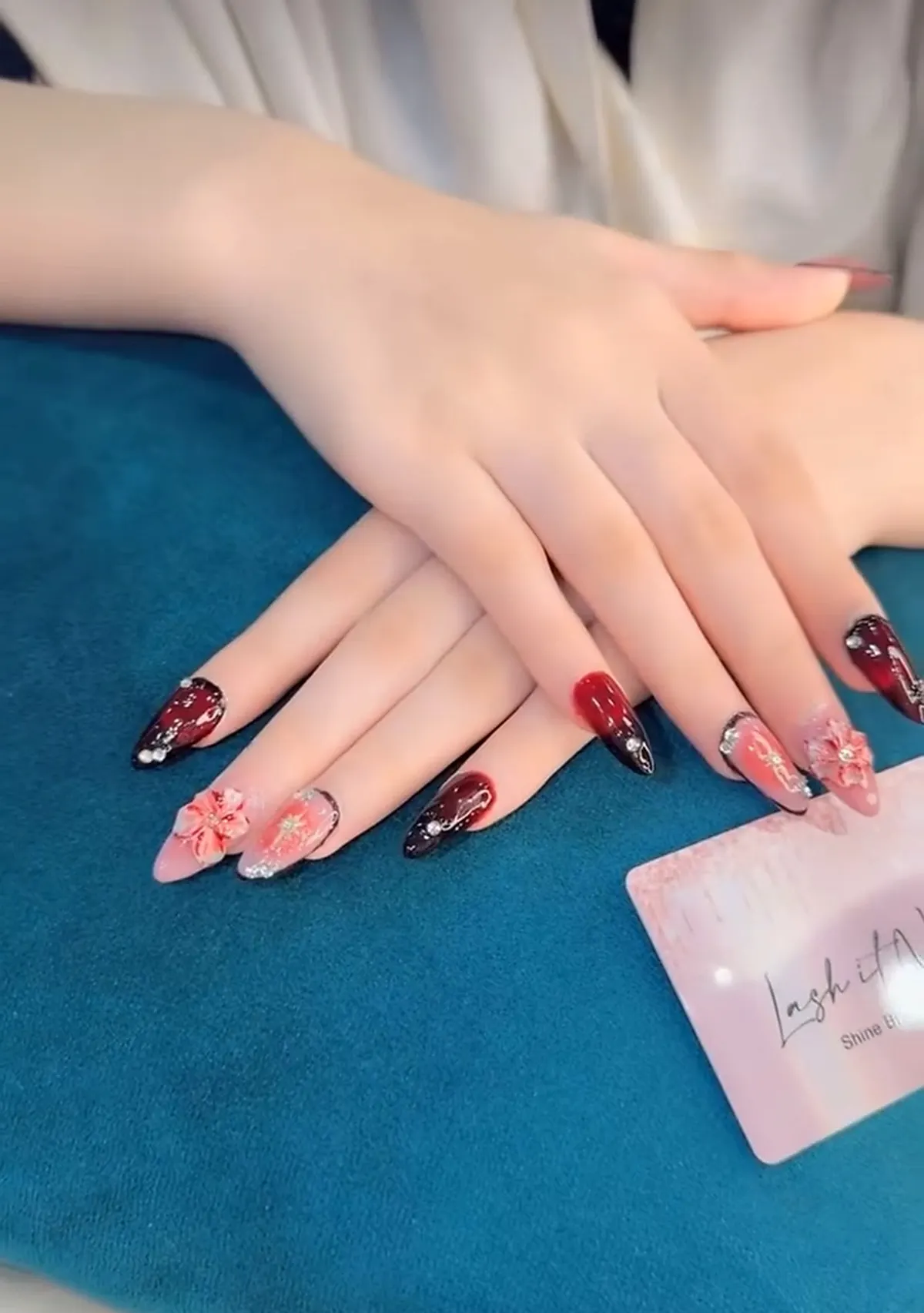 Red ombré and 3D floral nail art by LASH IT NAINA