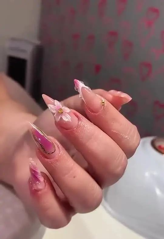 Pink floral stiletto nail art